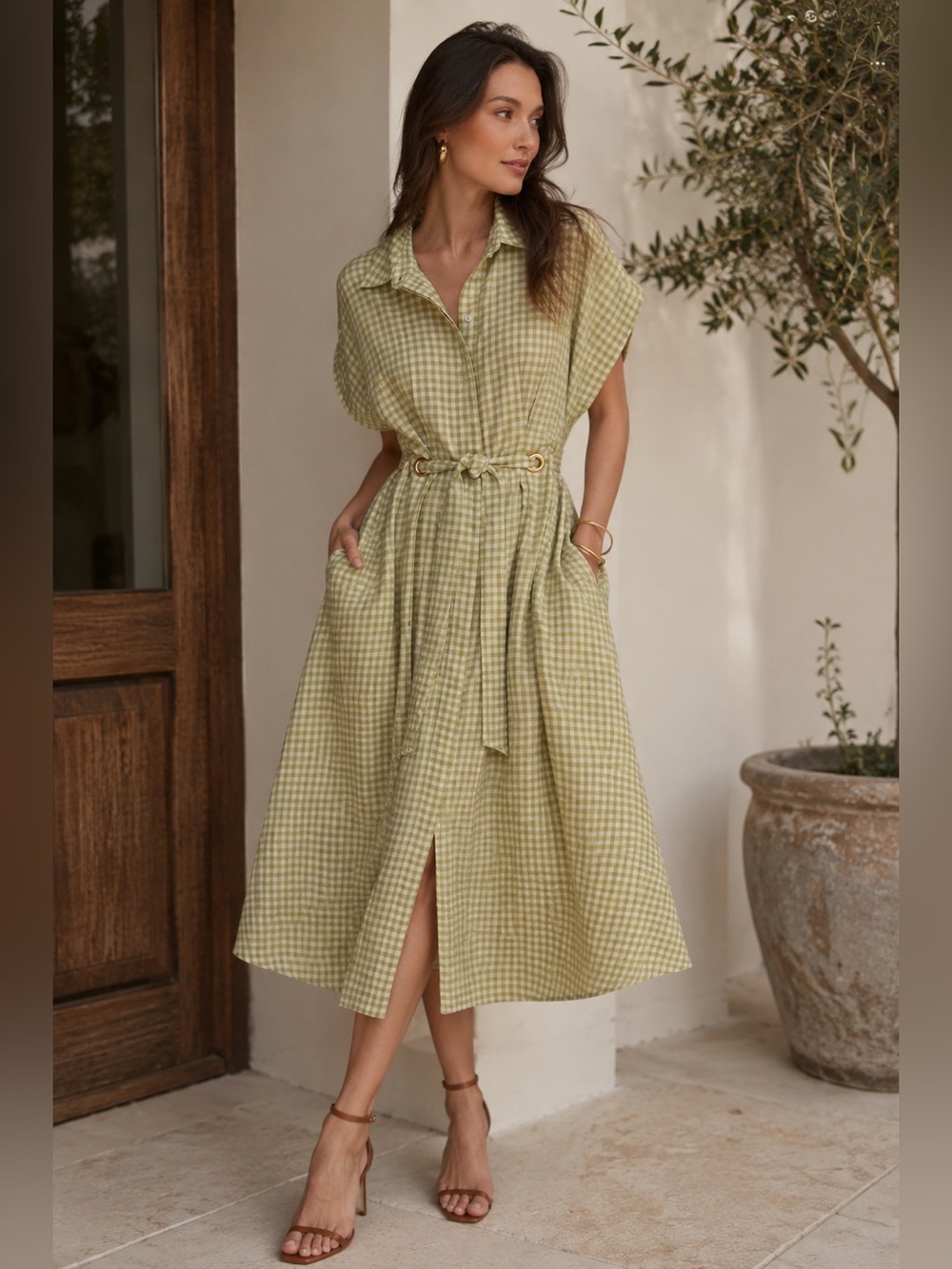 Donnakaran Coastal Grandma Gingham Linen Blend Maxi Shirt Dress Green US 8